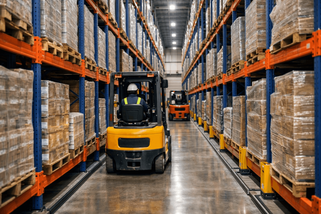 Forklift operating inside drive through pallet racking system in warehouse
