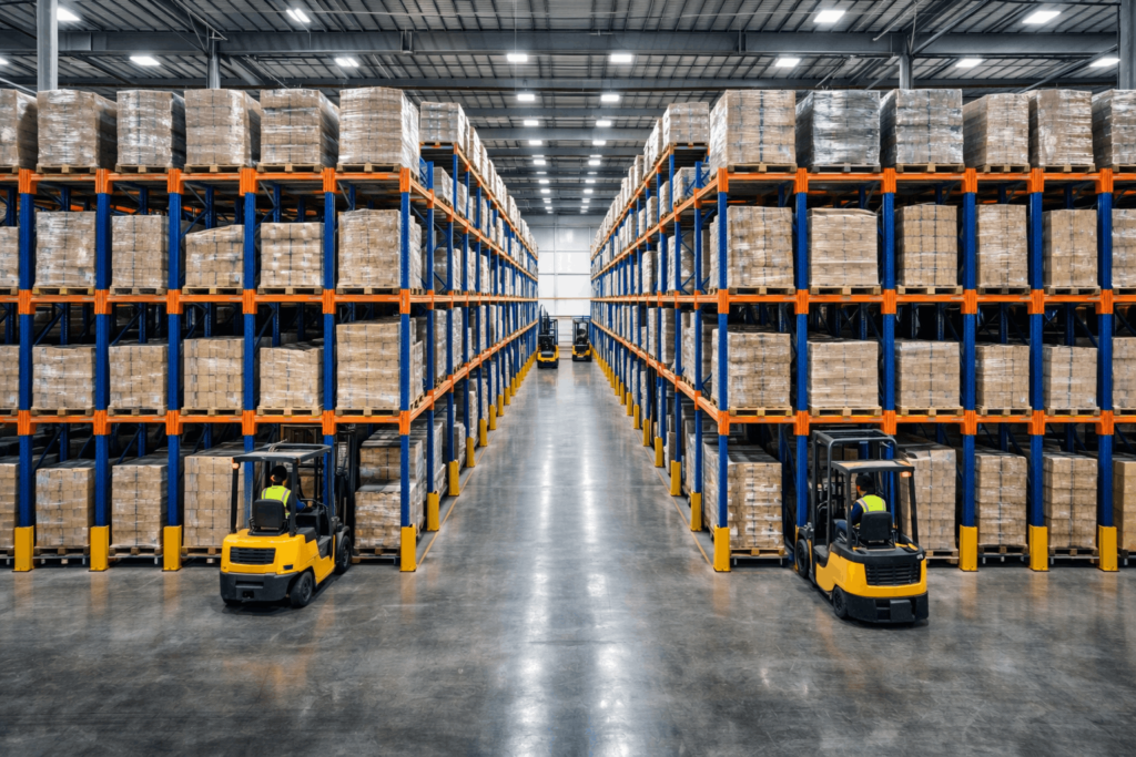 High-density drive through racking blocks for warehouse storage optimization