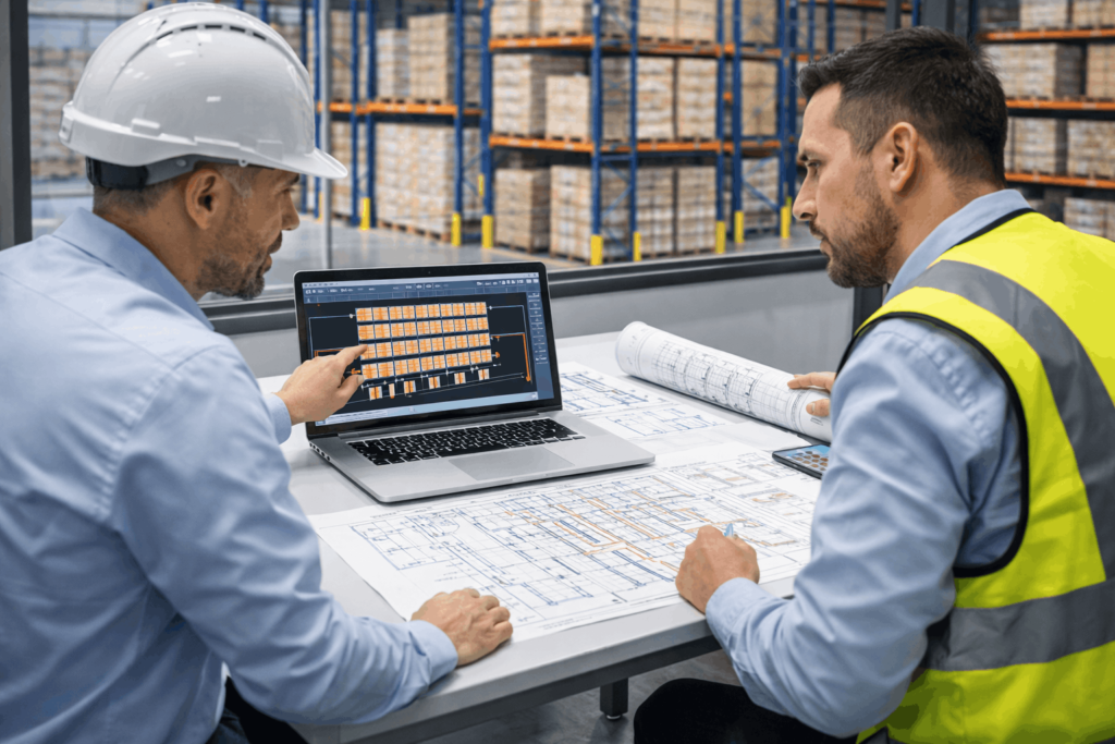 Warehouse safety inspector checking load capacity labels on drive through racking