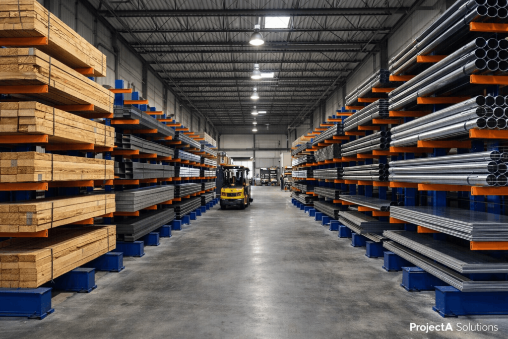 Cantilever racks storing lumber steel and pipes in Texas warehouse ProjectA Solutions