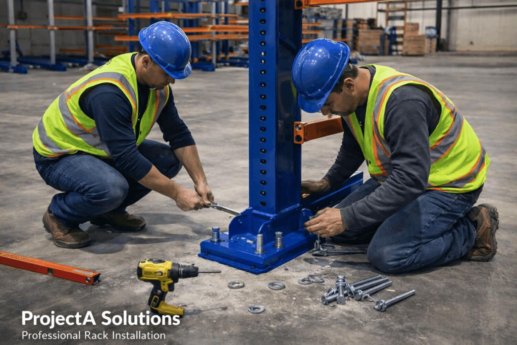 Professional cantilever rack installation by ProjectA Solutions in Texas warehouse