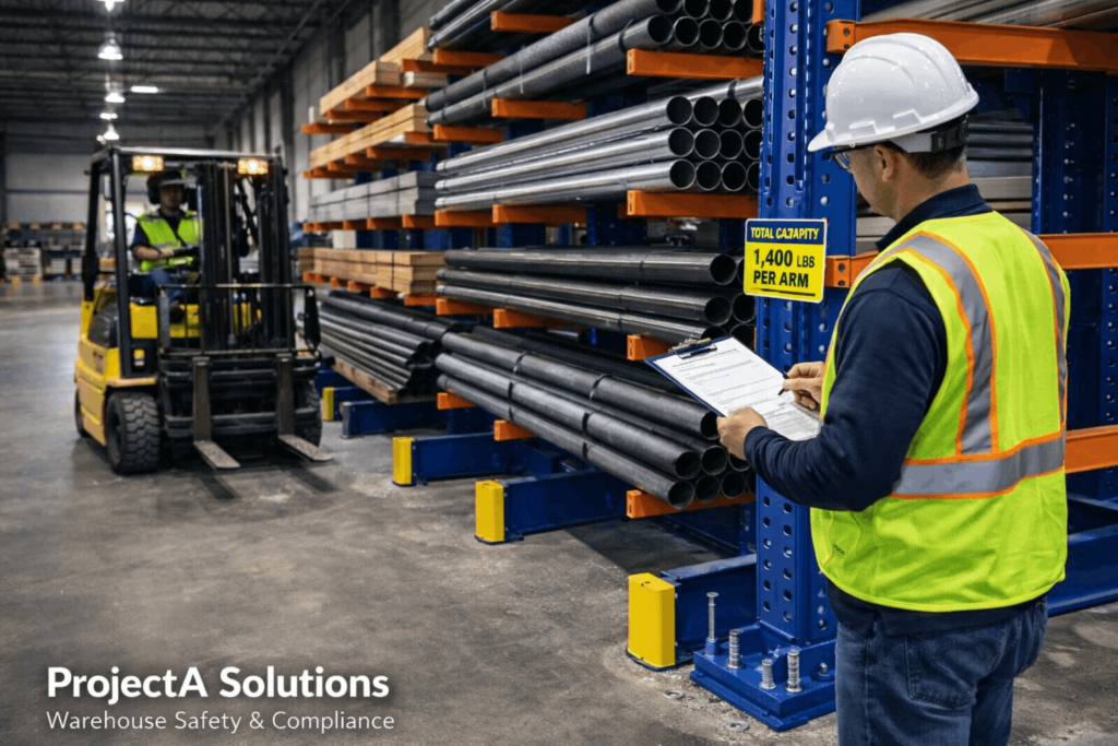 Cantilever rack safety inspection and load compliance in Texas warehouse ProjectA Solutions