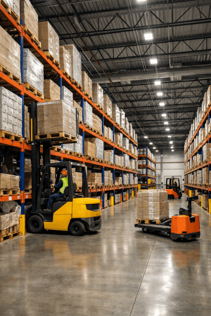Modern warehouse layout in Texas with organized pallet racking and forklift traffic flow