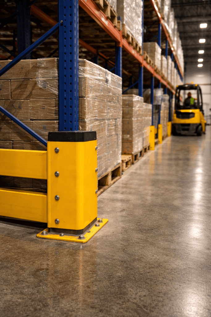 End-of-aisle rack guard protection and rack reinforcement for damaged racking in Texas