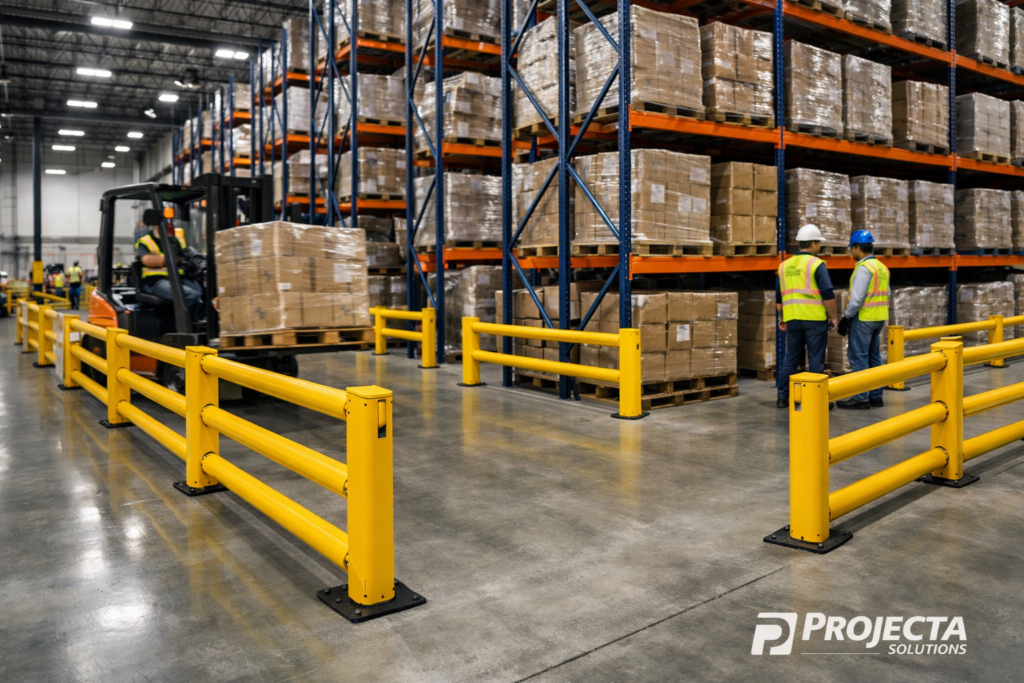 Warehouse safety guard rails protecting pallet racks in a Texas warehouse – Projecta Solutions