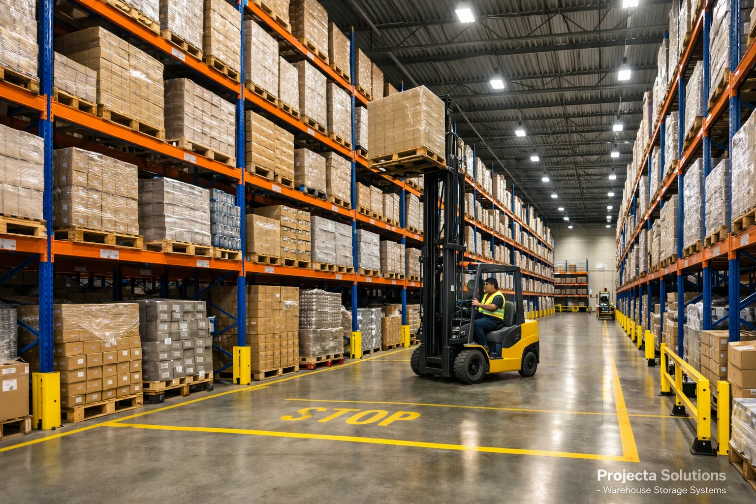 warehouse racking systems inside a San Antonio Texas distribution center with forklift operations