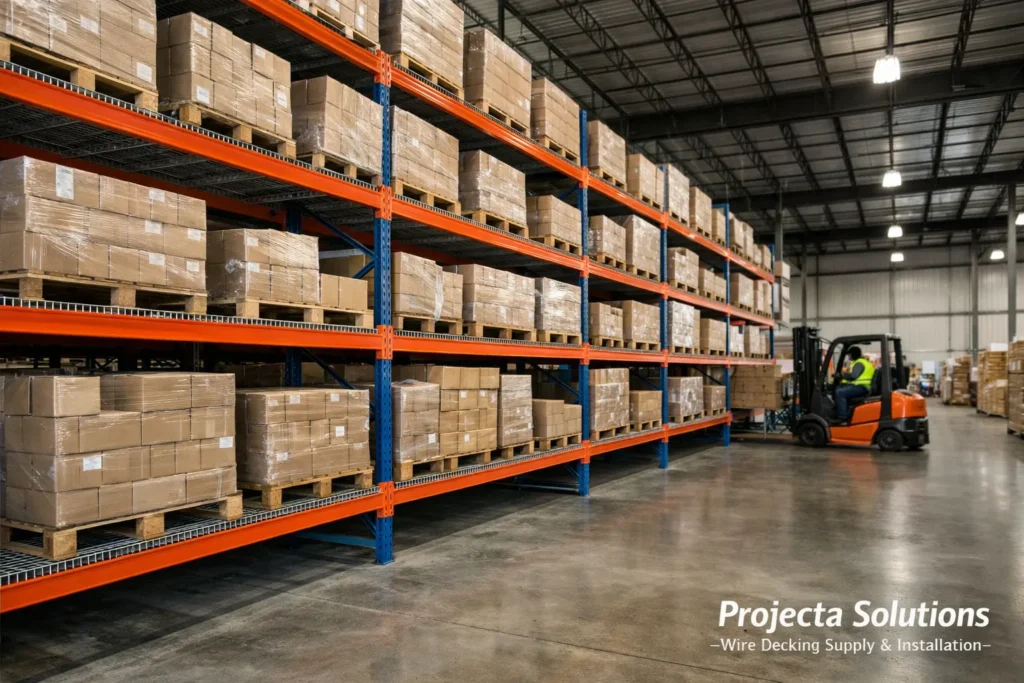 Wire decking installed on pallet racks in Texas warehouse by Projecta Solutions