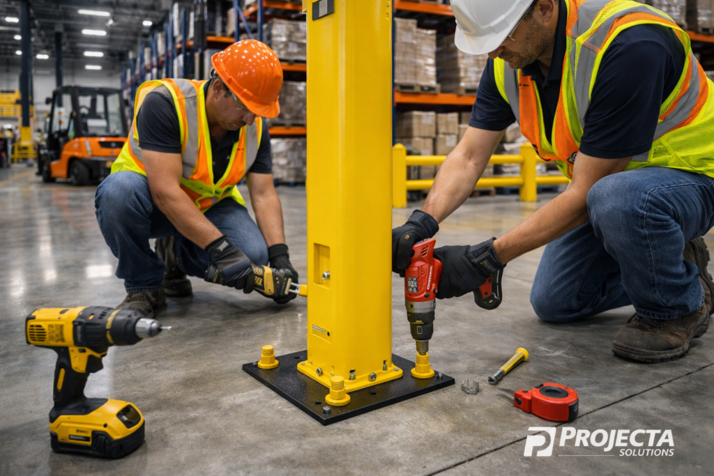 Industrial guard rail installation inside a Texas warehouse by Projecta Solutions