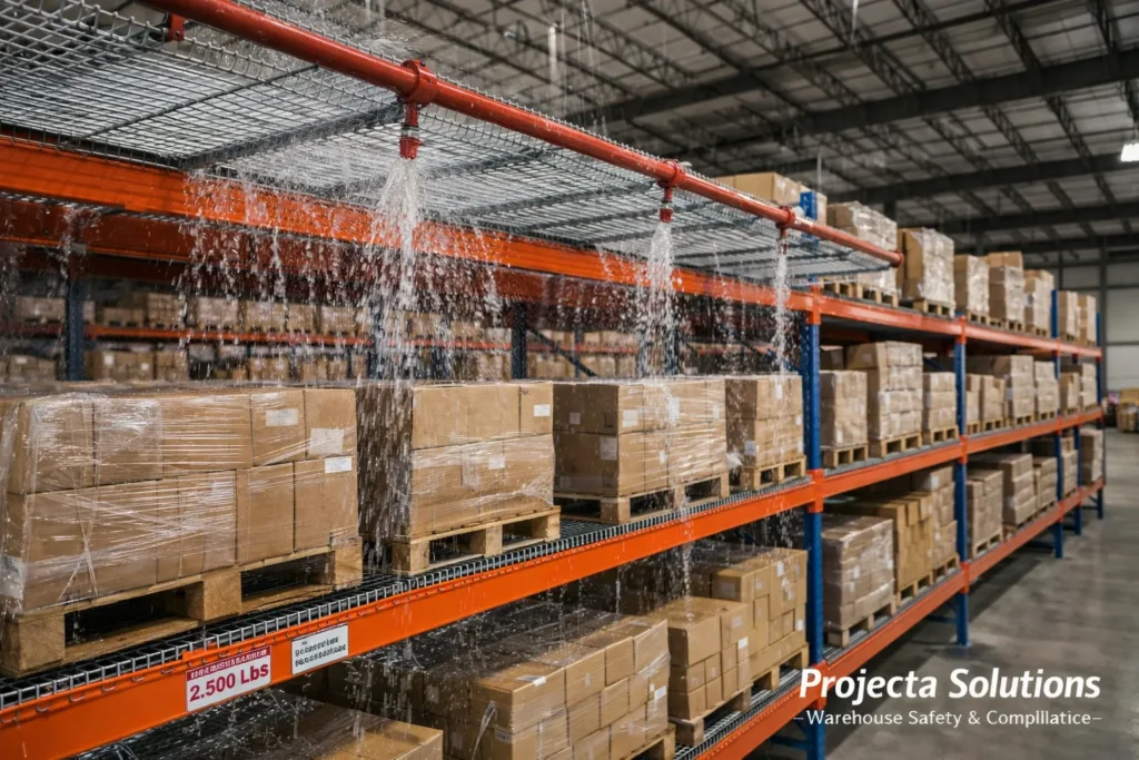 Wire decking allowing sprinkler water penetration for fire compliance in Texas warehouse