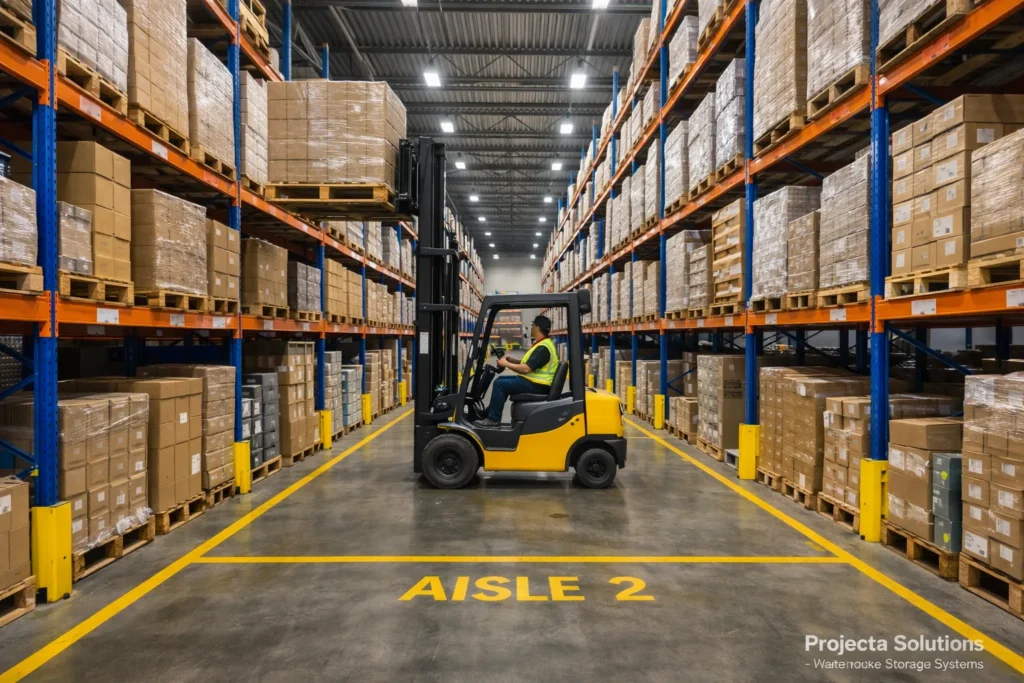 selective pallet racking system in a Texas warehouse with forklift retrieving pallet