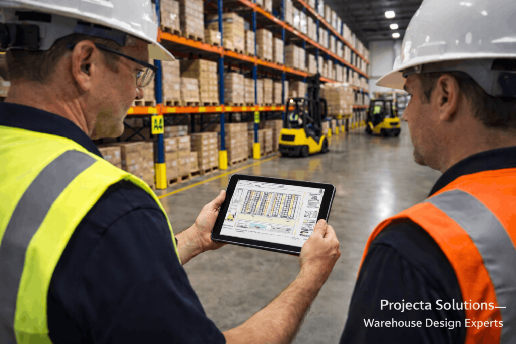 warehouse layout consultant reviewing warehouse layout planning services for optimized storage