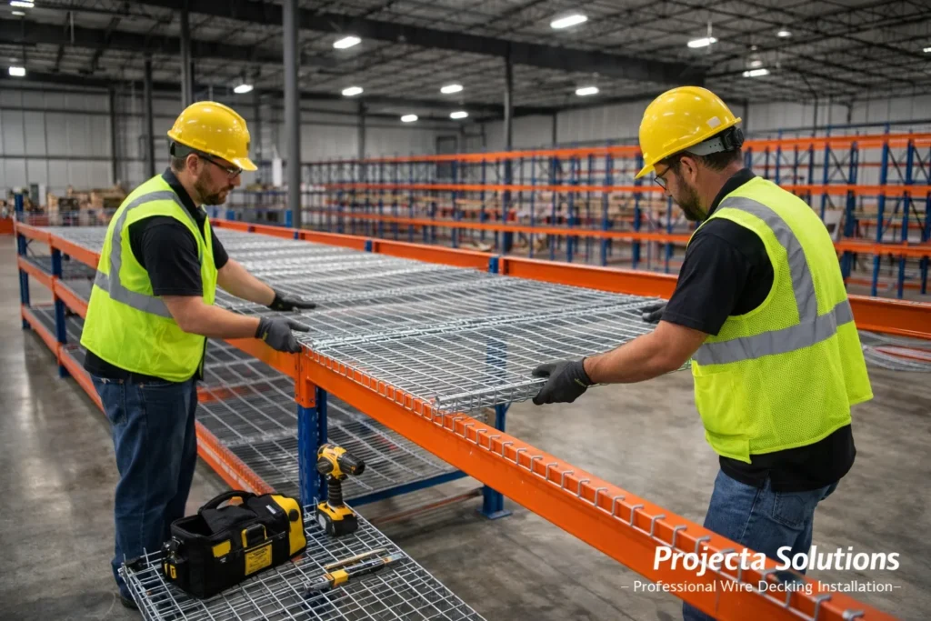 Projecta Solutions team installing pallet rack wire decking in Texas warehouse