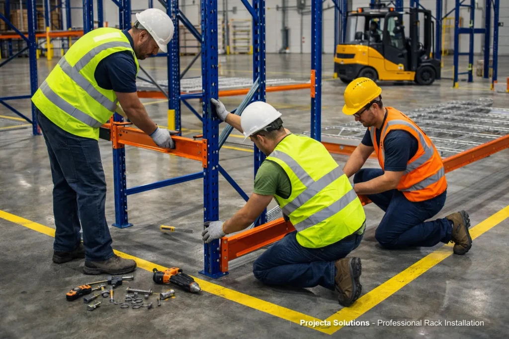 warehouse pallet rack installation Miami FL workers assembling industrial racking