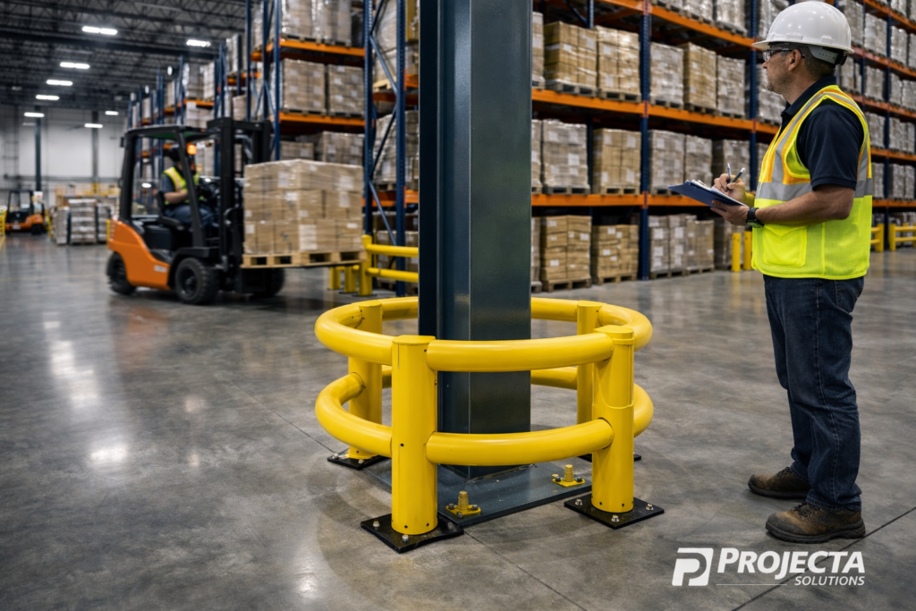 Warehouse structural column protected by industrial guard rails – Projecta Solutions Texas