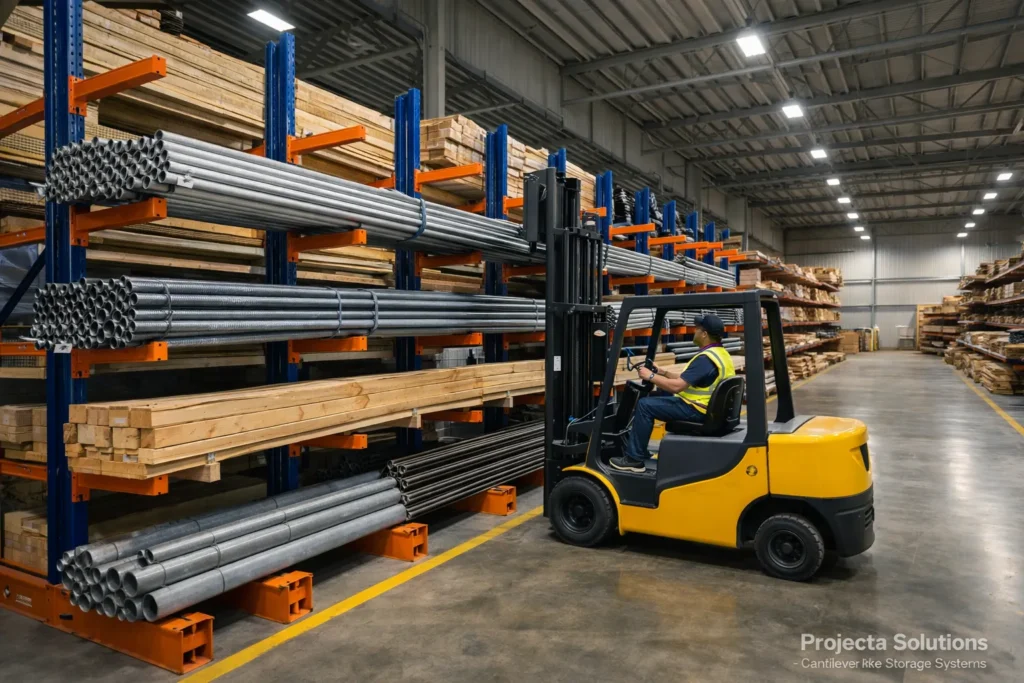 cantilever racking storing steel pipes and lumber inside Texas warehouse storage facility