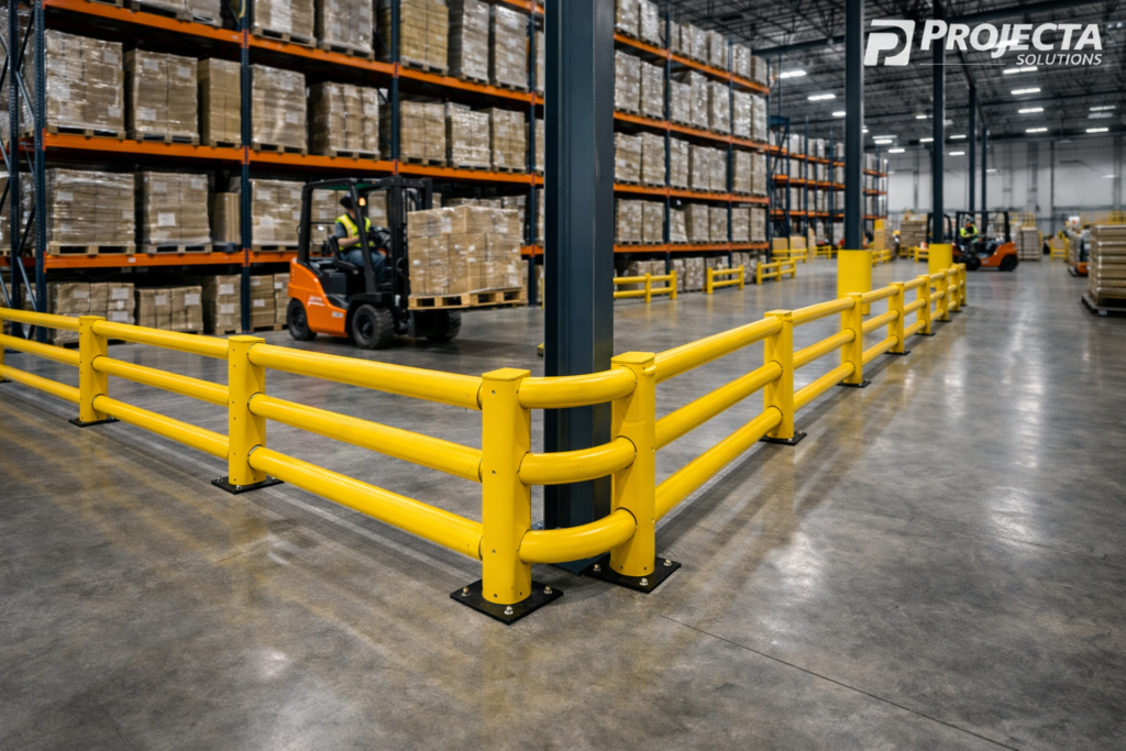 Heavy-duty industrial warehouse guard rails installed in Texas facility – Projecta Solutions