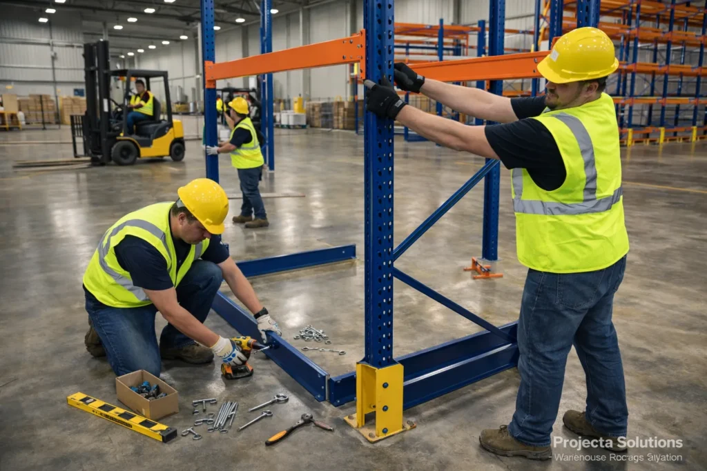 warehouse racking installation technicians assembling pallet rack frames in Texas warehouse