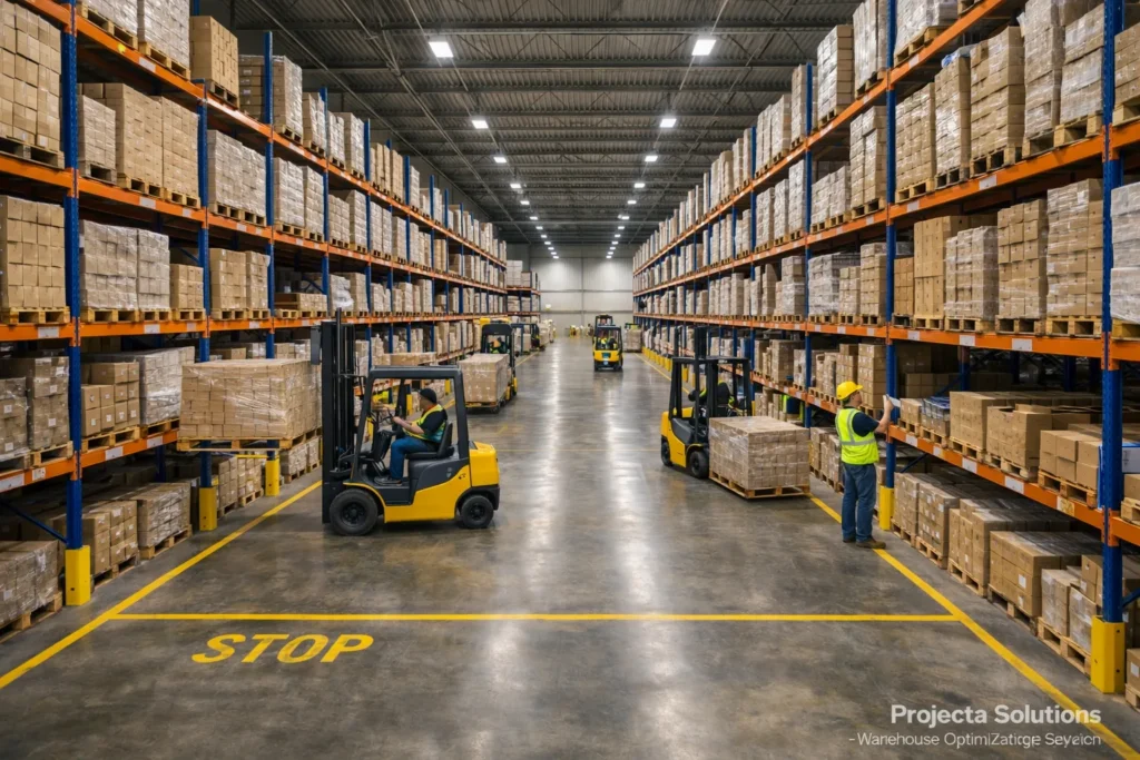 organized warehouse operations with forklifts moving pallets through racking aisles in Texas distribution center