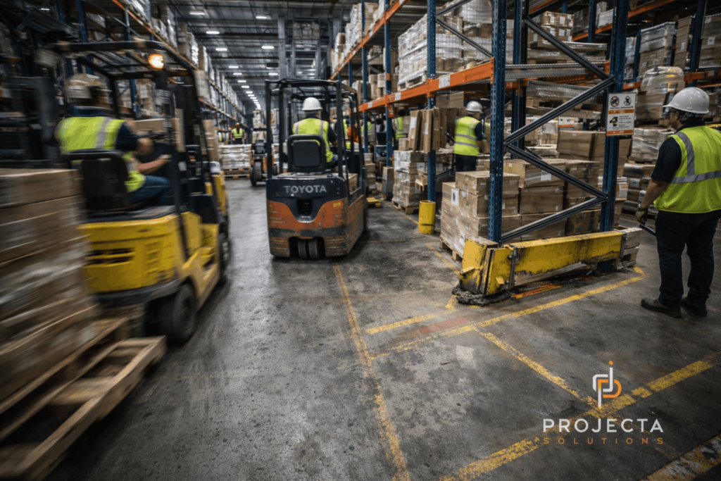 Damaged pallet rack upright inspection in Houston warehouse aisle