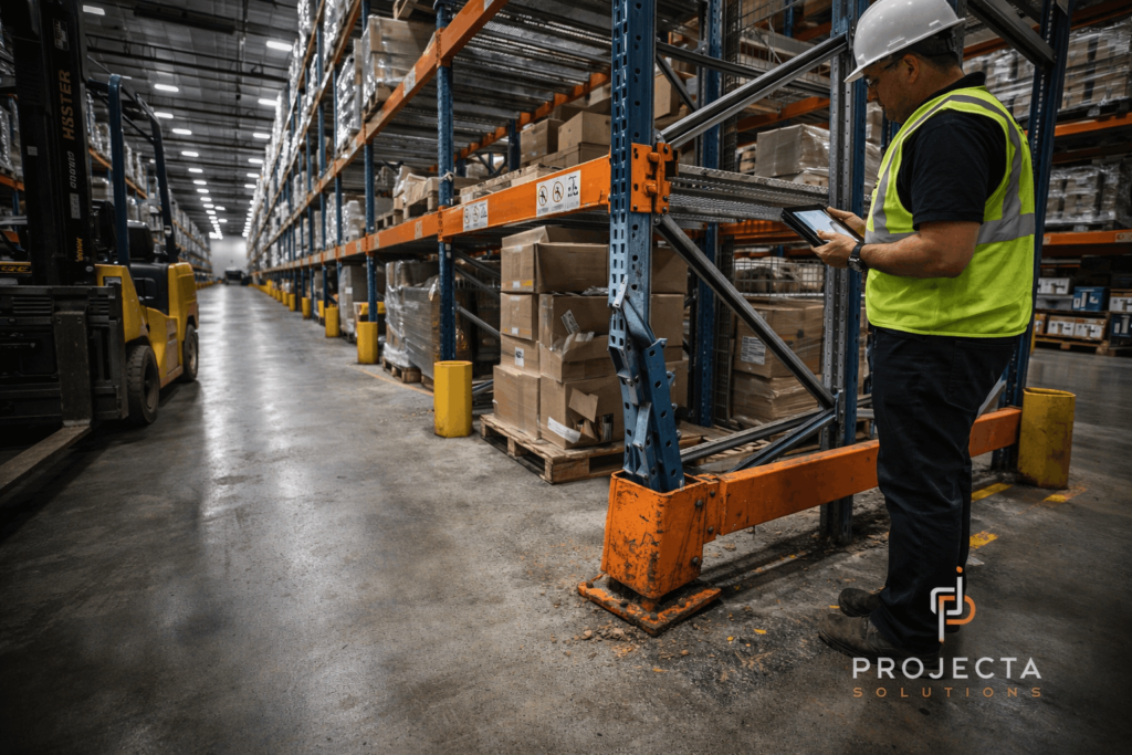 Pallet rack repair Houston TX with damaged uprights in warehouse aisle