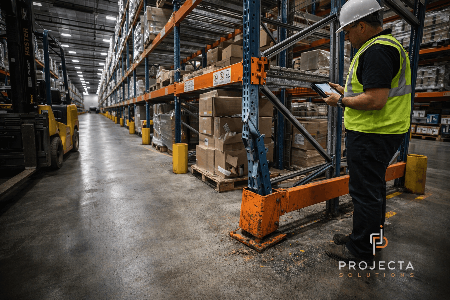 Pallet rack repair Houston TX with damaged uprights in warehouse aisle