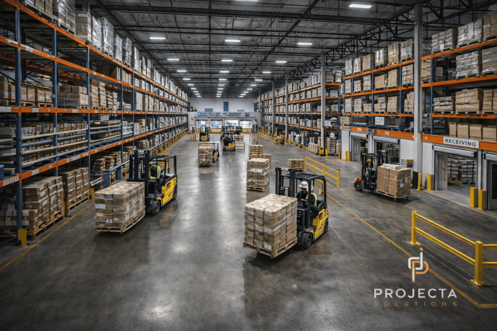 Optimized Houston warehouse layout with safe forklift aisles and pallet racks