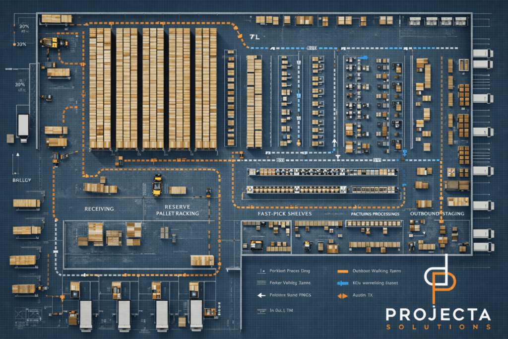 Top-down warehouse layout optimization Austin TX with receiving pick pack and outbound workflow zones