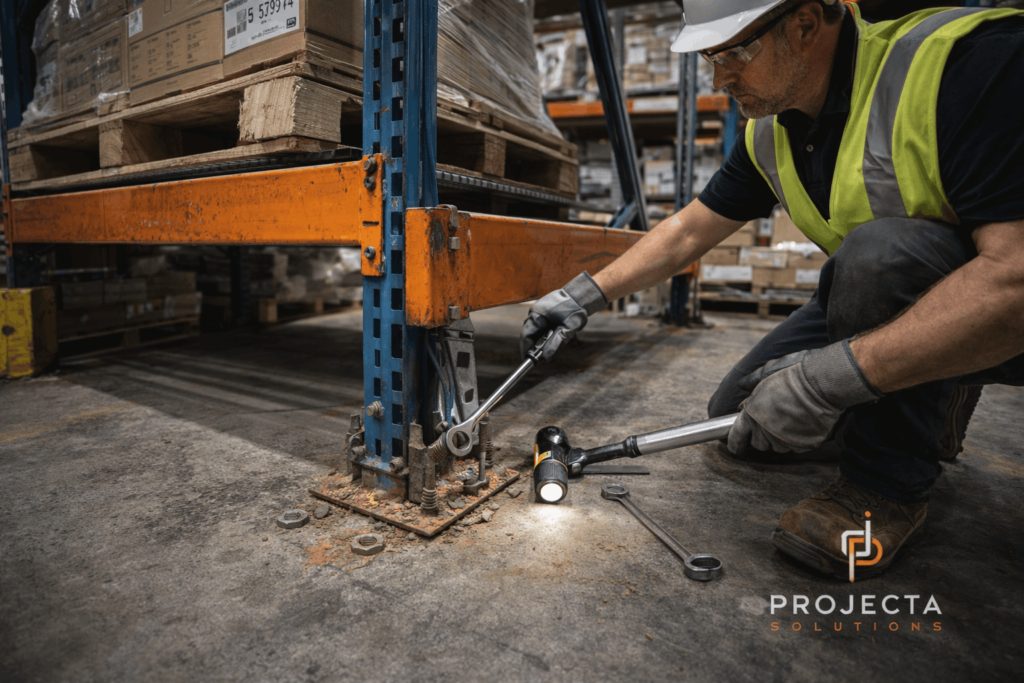 Technician repairing pallet rack anchors in Houston warehouse