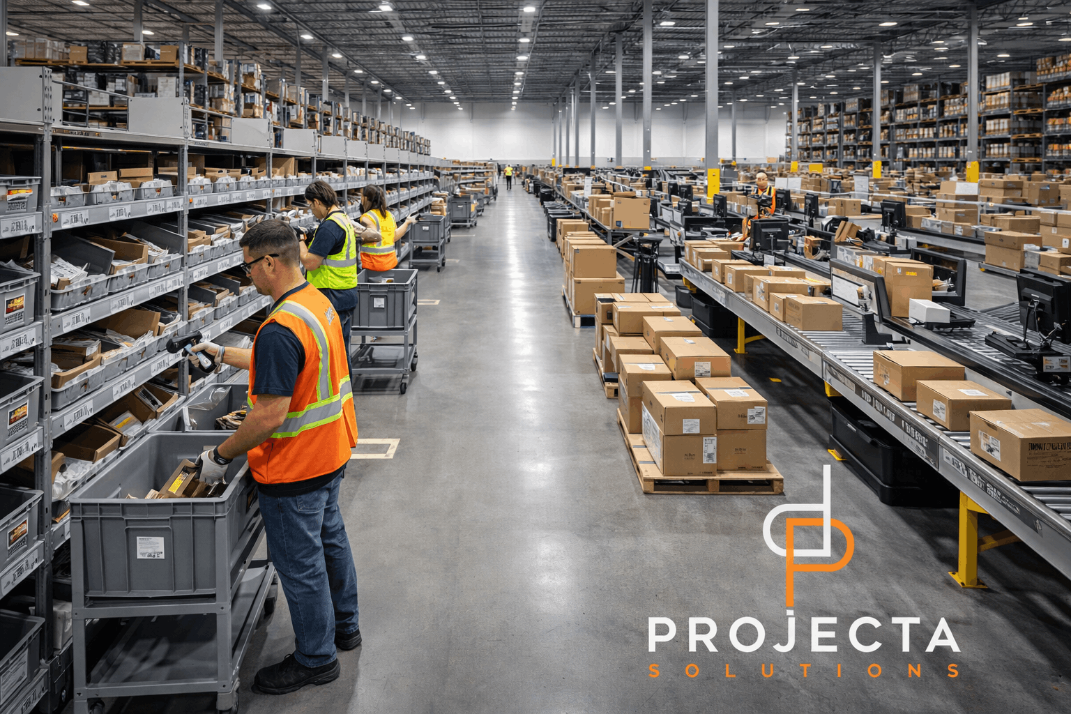 E-commerce warehouse setup Austin TX with fast-pick shelves beside packing stations for faster fulfillment