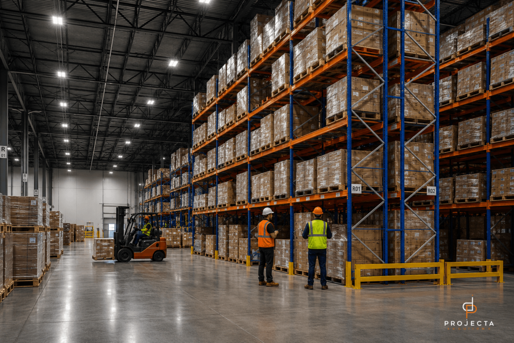 Modern Texas warehouse with selective pallet racking installation, forklifts, and workers organizing inventory in a large distribution center