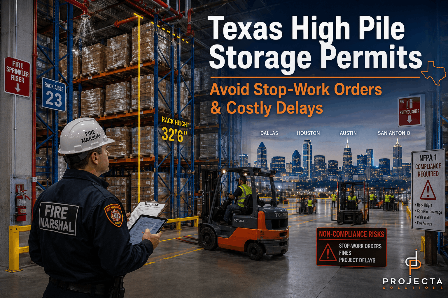 Texas warehouse high pile storage inspection with fire marshal reviewing pallet rack systems, forklifts operating, and sprinkler compliance visible in an industrial facility