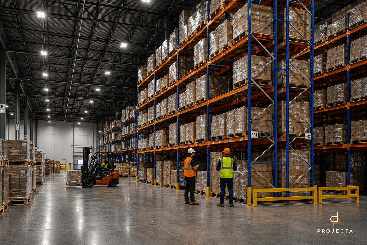 Modern Texas warehouse with selective pallet racking installation, forklifts, and workers organizing inventory in a large distribution center