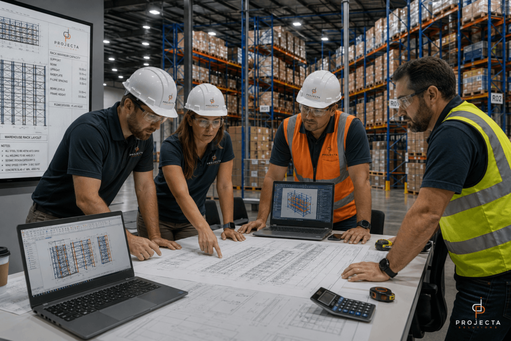 Warehouse engineers reviewing pallet rack AutoCAD layouts and structural plans for a Texas warehouse installation project
