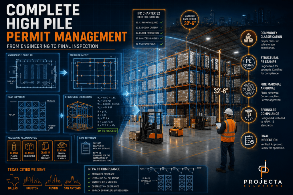 Warehouse compliance blueprint showing high pile storage layout, engineering drawings, sprinkler system design, and fire code approval elements for Texas warehouse permitting