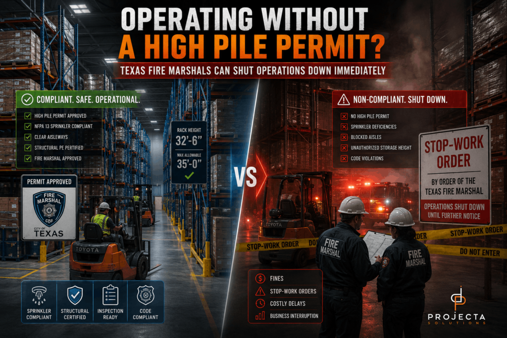 Split warehouse scene showing compliant operations versus fire marshal stop-work order due to high pile storage permit violation in Texas warehouse facility 